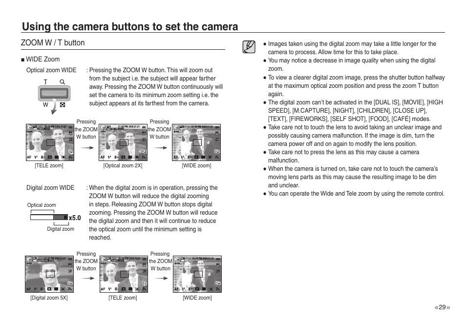 Using the camera buttons to set the camera, Zoom w / t button | Samsung EC-NV30ZSBA-US User Manual | Page 30 / 100