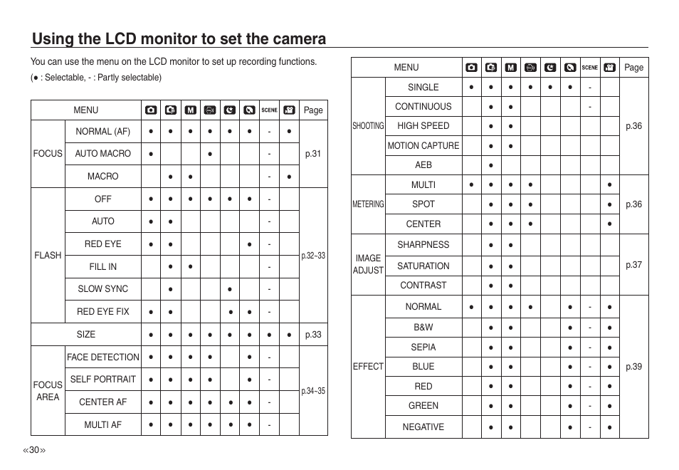 Using the lcd monitor to set the camera | Samsung EC-NV30ZSBA-US User Manual | Page 31 / 100