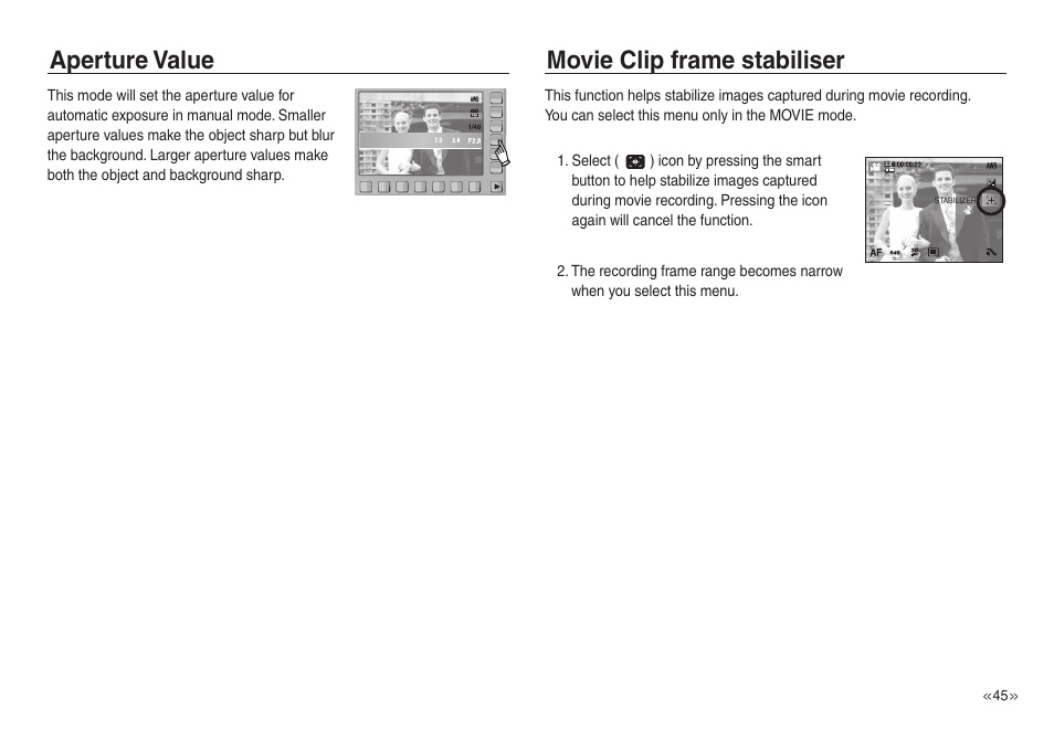 Aperture value movie clip frame stabiliser | Samsung EC-NV30ZSBA-US User Manual | Page 46 / 100