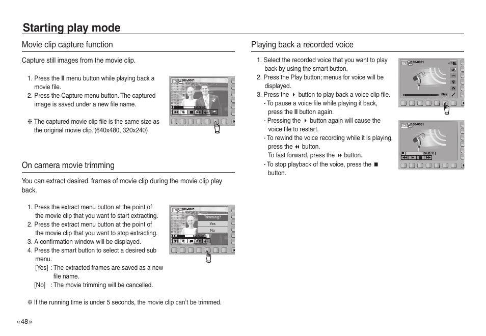 Starting play mode, Movie clip capture function, On camera movie trimming | Playing back a recorded voice | Samsung EC-NV30ZSBA-US User Manual | Page 49 / 100