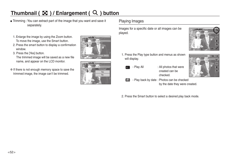 Thumbnail ( ) / enlargement ( ) button, Playing images | Samsung EC-NV30ZSBA-US User Manual | Page 53 / 100