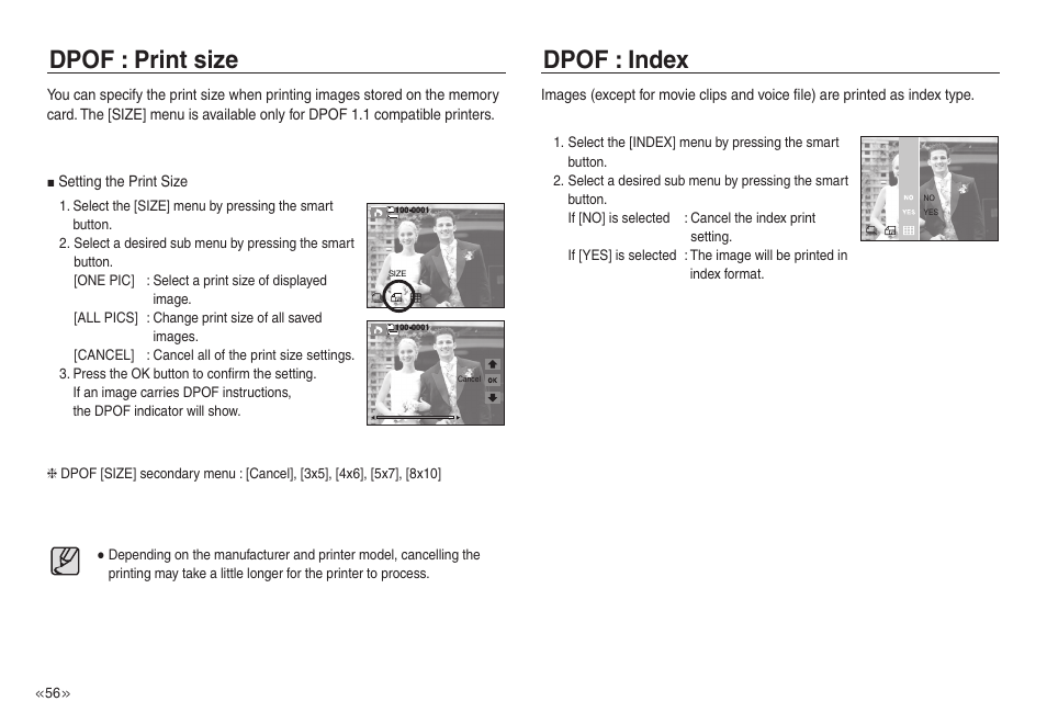 Dpof : print size dpof : index | Samsung EC-NV30ZSBA-US User Manual | Page 57 / 100