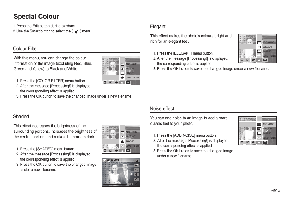 Special colour, Colour filter, Noise effect | Shaded, Elegant | Samsung EC-NV30ZSBA-US User Manual | Page 60 / 100
