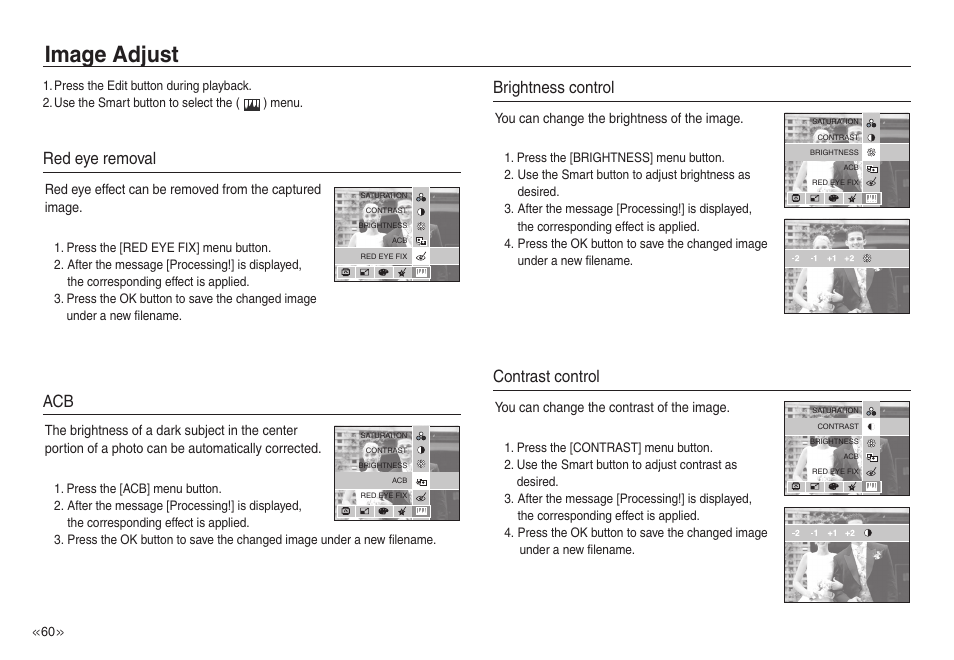 Image adjust, Red eye removal, Brightness control | Contrast control | Samsung EC-NV30ZSBA-US User Manual | Page 61 / 100