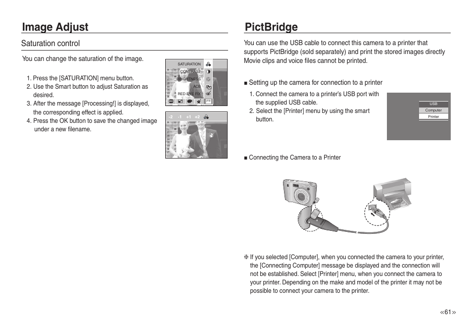 Image adjust pictbridge, Saturation control | Samsung EC-NV30ZSBA-US User Manual | Page 62 / 100