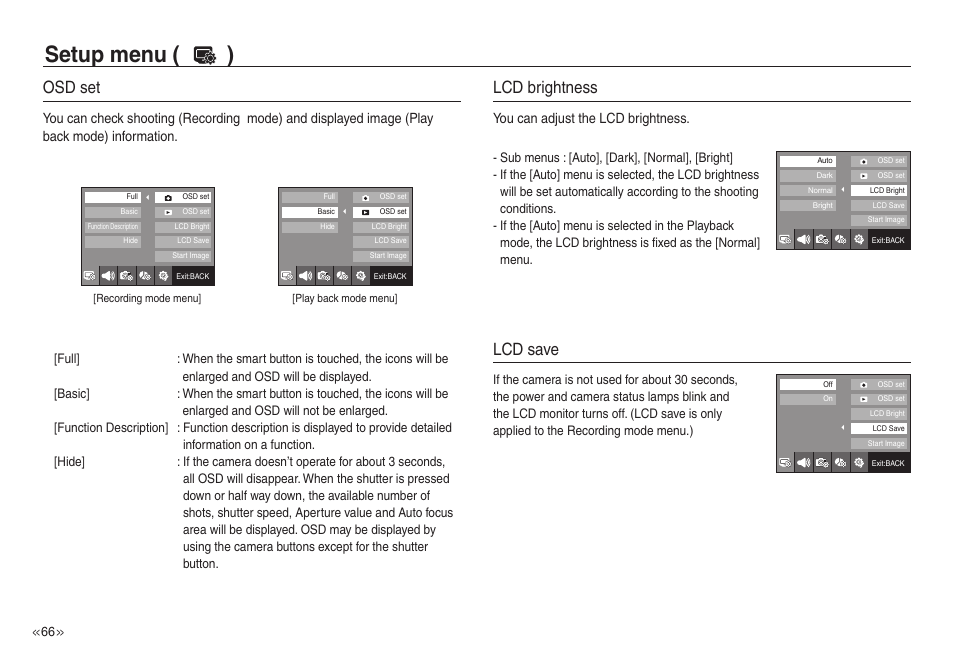 Setup menu ( ), Osd set, Lcd brightness | Lcd save, You can adjust the lcd brightness | Samsung EC-NV30ZSBA-US User Manual | Page 67 / 100