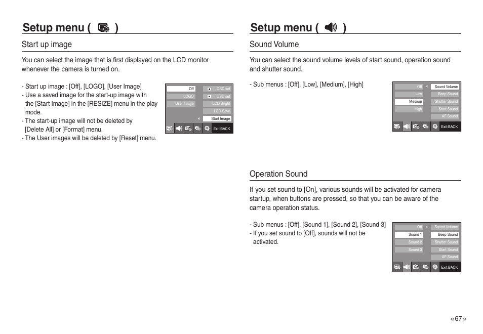 Setup menu ( ), Start up image, Sound volume | Operation sound | Samsung EC-NV30ZSBA-US User Manual | Page 68 / 100