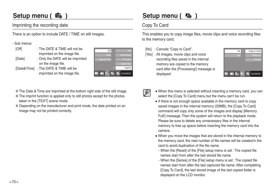 Setup menu ( ), Imprinting the recording date, Copy to card | Samsung EC-NV30ZSBA-US User Manual | Page 71 / 100