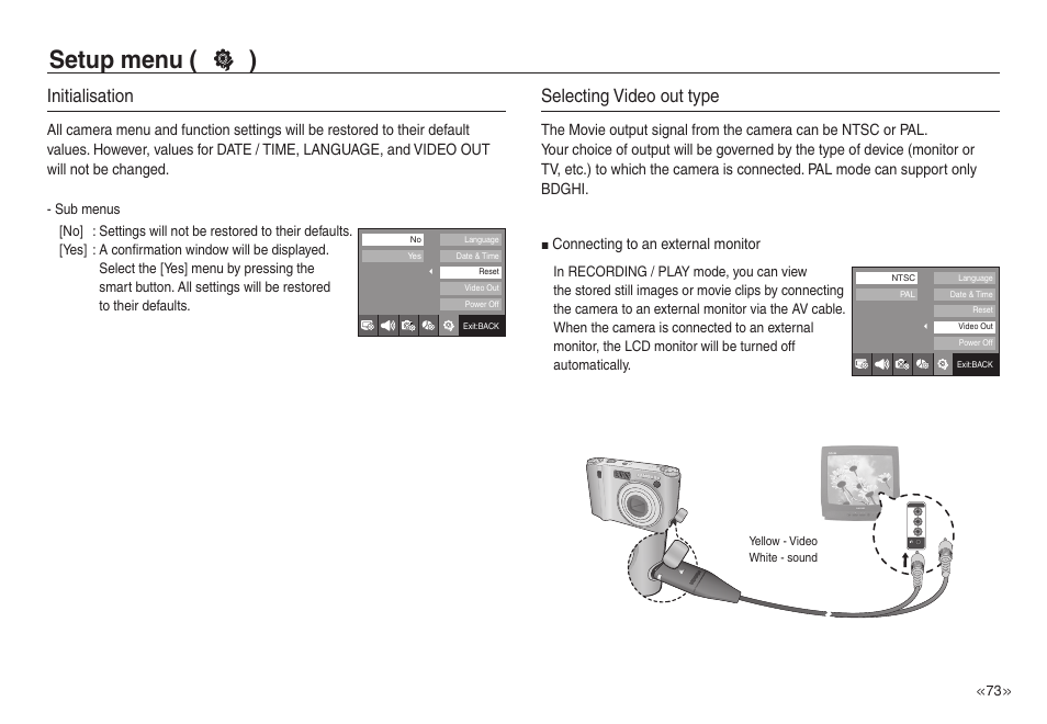 Setup menu ( ), Initialisation, Selecting video out type | Connecting to an external monitor | Samsung EC-NV30ZSBA-US User Manual | Page 74 / 100
