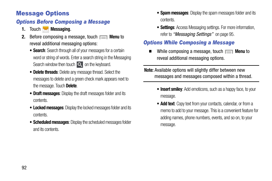 Message options | Samsung SGH-I317TSAATT User Manual | Page 100 / 269