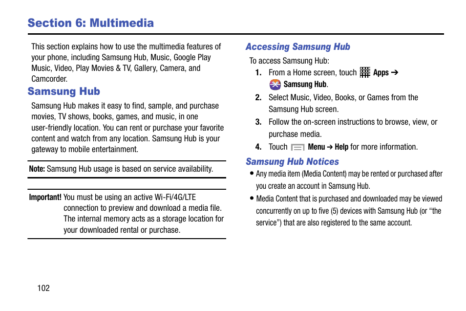 Section 6: multimedia, Samsung hub | Samsung SGH-I317TSAATT User Manual | Page 110 / 269