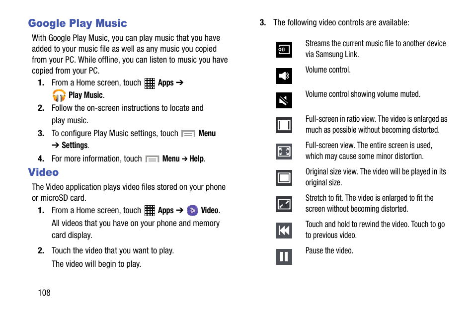 Google play music, Video, Google play music video | Samsung SGH-I317TSAATT User Manual | Page 116 / 269