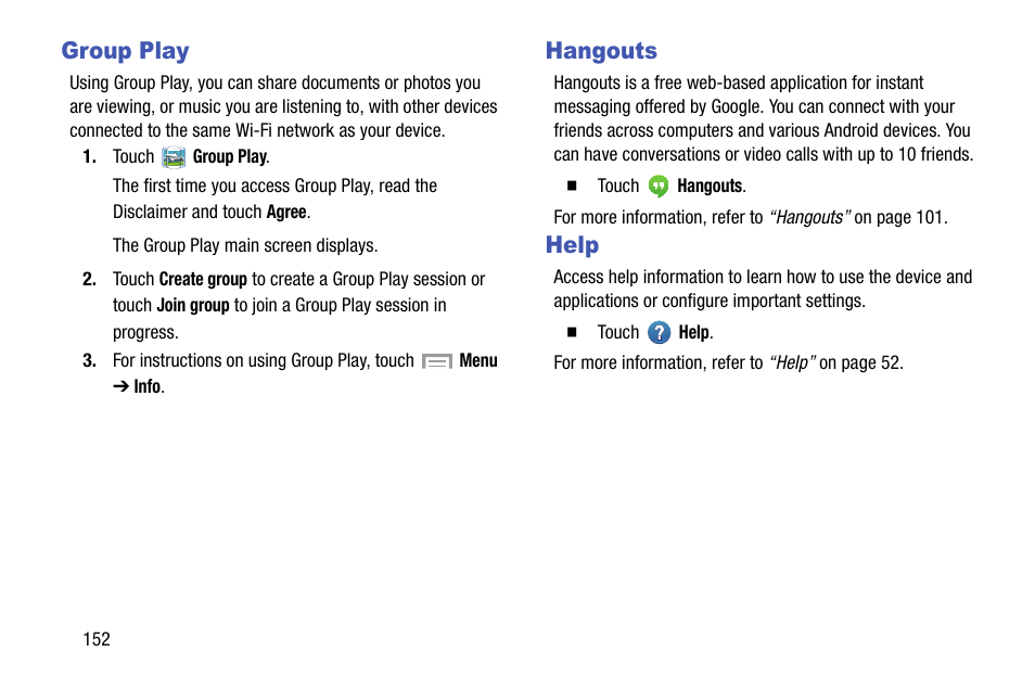 Group play, Hangouts, Help | Group play hangouts help | Samsung SGH-I317TSAATT User Manual | Page 160 / 269