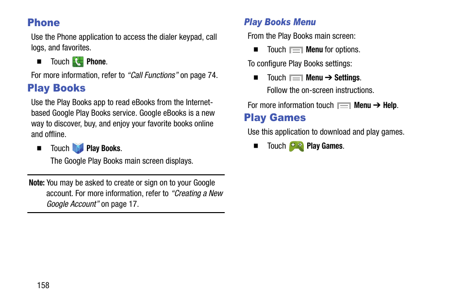 Phone, Play books, Play games | Phone play books play games | Samsung SGH-I317TSAATT User Manual | Page 166 / 269