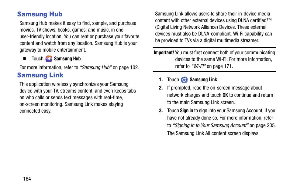 Samsung hub, Samsung link | Samsung SGH-I317TSAATT User Manual | Page 172 / 269