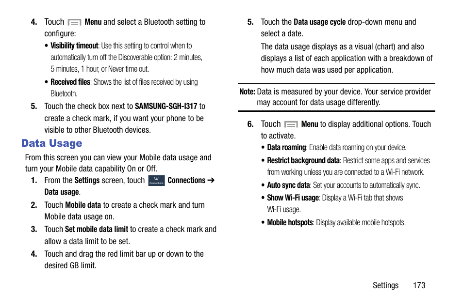 Data usage | Samsung SGH-I317TSAATT User Manual | Page 181 / 269