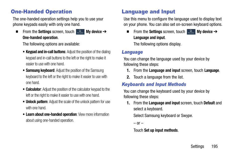 One-handed operation, Language and input, One-handed operation language and input | Samsung SGH-I317TSAATT User Manual | Page 203 / 269