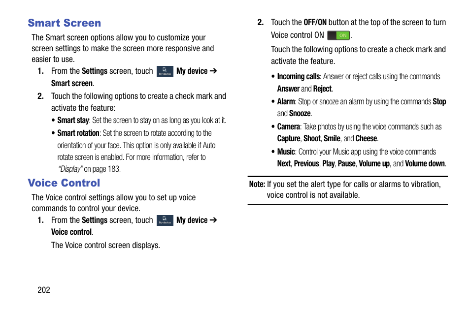 Smart screen, Voice control, Smart screen voice control | Samsung SGH-I317TSAATT User Manual | Page 210 / 269