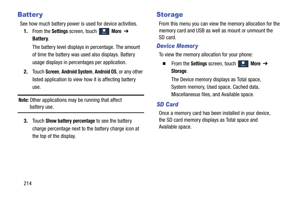 Battery, Storage, Battery storage | Samsung SGH-I317TSAATT User Manual | Page 222 / 269