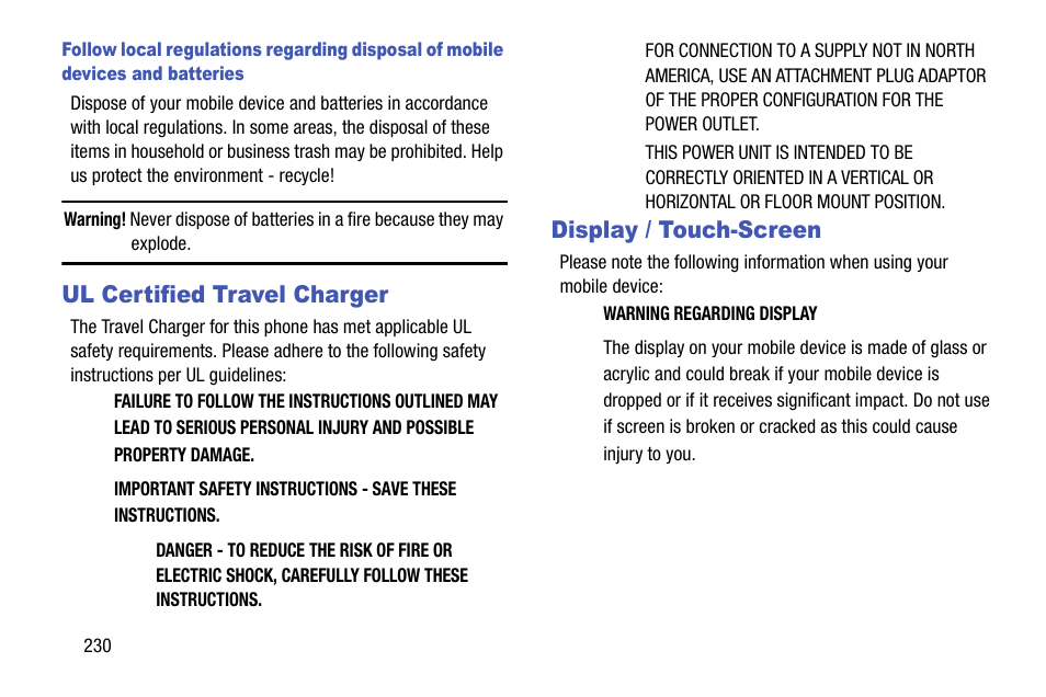 Ul certified travel charger, Display / touch-screen, Ul certified travel charger display / touch-screen | Samsung SGH-I317TSAATT User Manual | Page 238 / 269