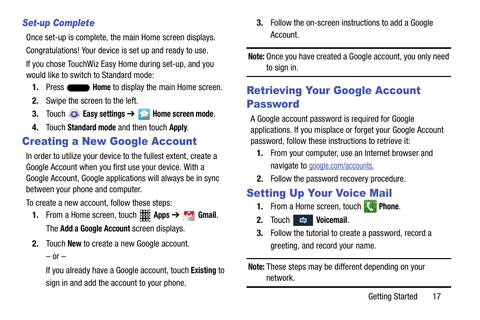 Creating a new google account, Retrieving your google account password, Setting up your voice mail | Samsung SGH-I317TSAATT User Manual | Page 25 / 269