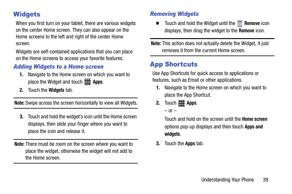 Widgets, App shortcuts, Widgets app shortcuts | Samsung SGH-I317TSAATT User Manual | Page 47 / 269