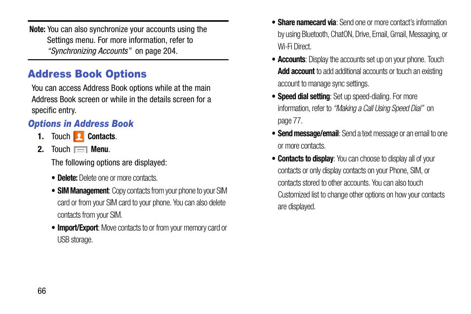 Address book options | Samsung SGH-I317TSAATT User Manual | Page 74 / 269