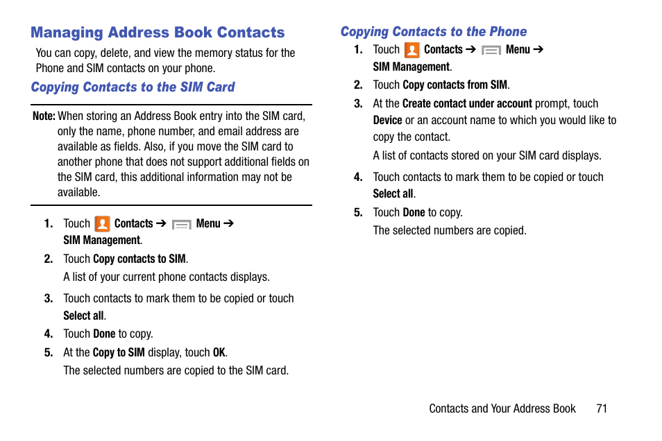 Managing address book contacts | Samsung SGH-I317TSAATT User Manual | Page 79 / 269