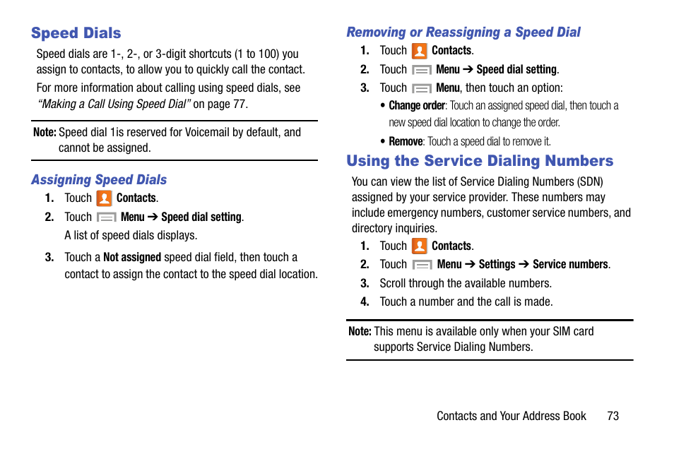 Speed dials, Using the service dialing numbers, Speed dials using the service dialing numbers | Samsung SGH-I317TSAATT User Manual | Page 81 / 269