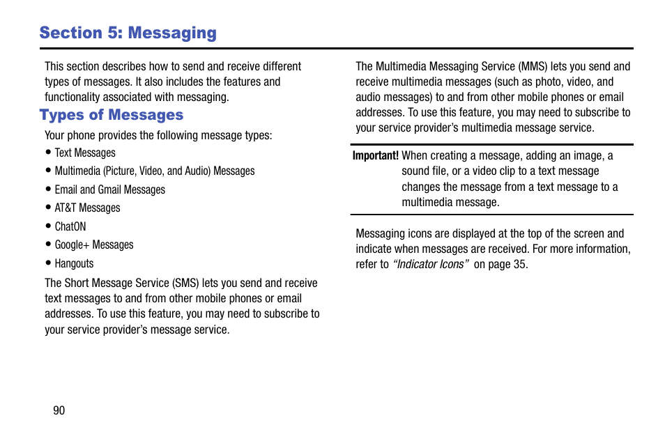 Section 5: messaging, Types of messages | Samsung SGH-I317TSAATT User Manual | Page 98 / 269