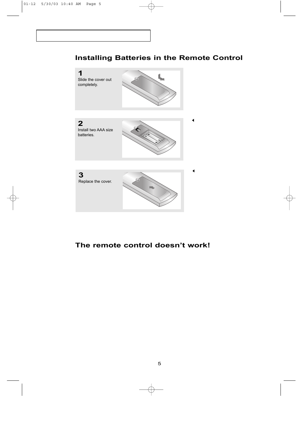 Installing batteries in the remote control, The remote control doesn’t work | Samsung LTN1535X-XAC User Manual | Page 11 / 49