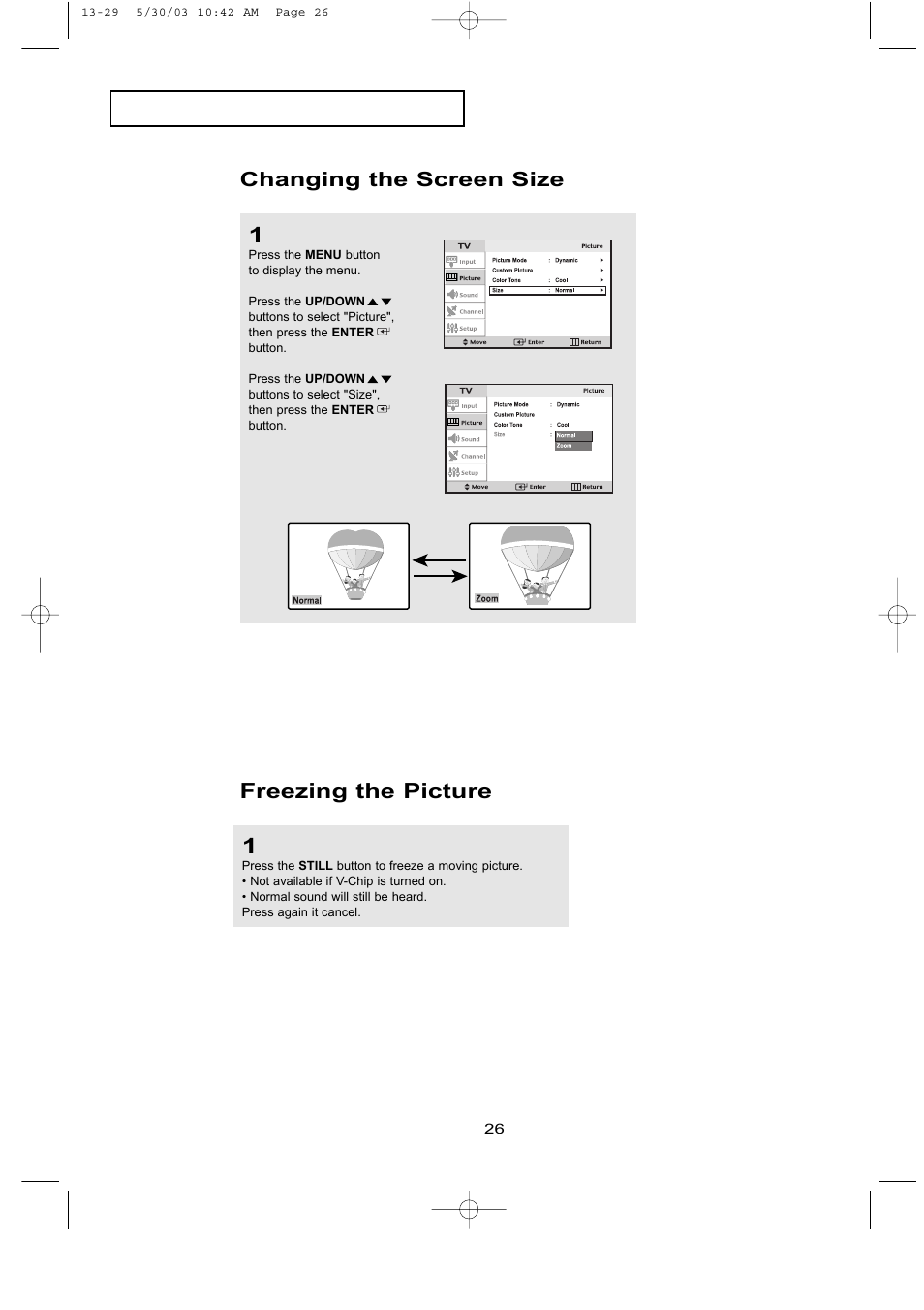 Freezing the picture, Changing the screen size | Samsung LTN1535X-XAC User Manual | Page 32 / 49