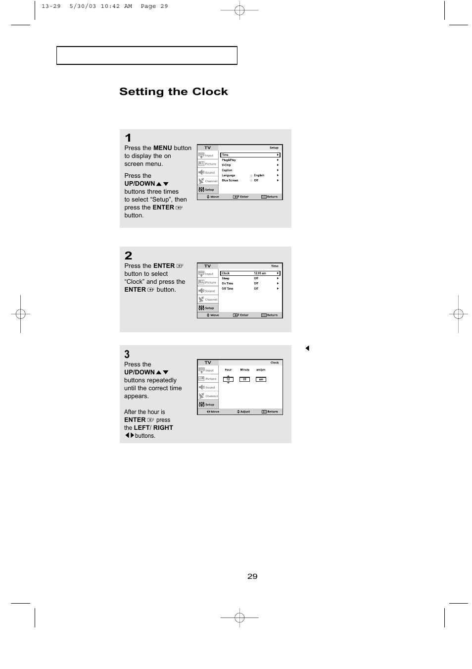 Setting the clock | Samsung LTN1535X-XAC User Manual | Page 35 / 49