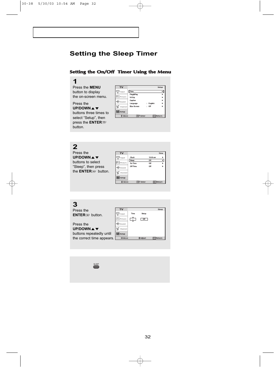 Setting the sleep timer | Samsung LTN1535X-XAC User Manual | Page 38 / 49