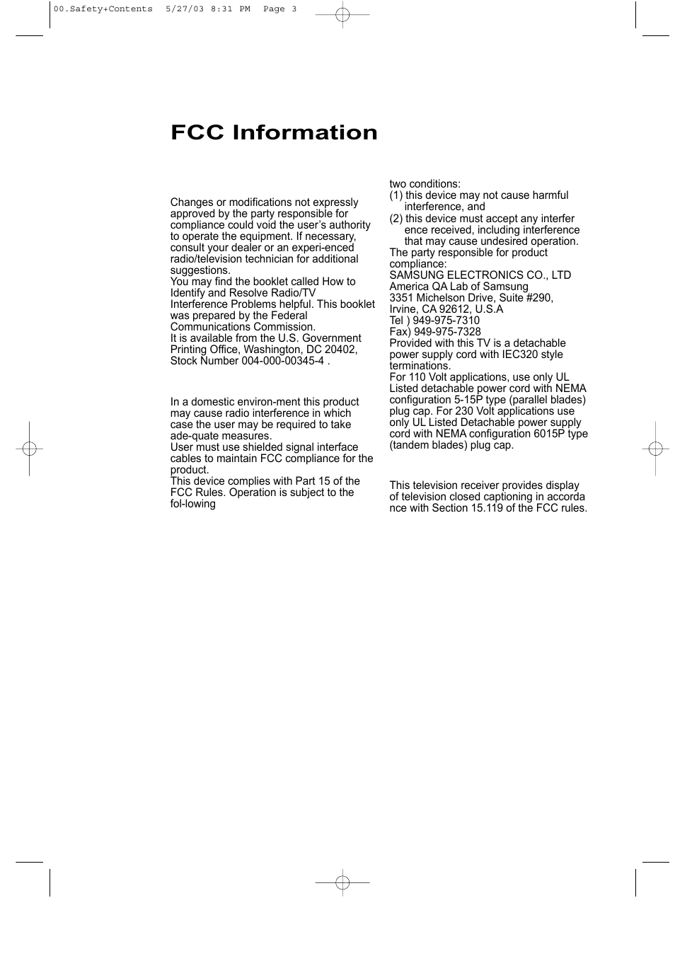 Fcc information | Samsung LTN1535X-XAC User Manual | Page 4 / 49