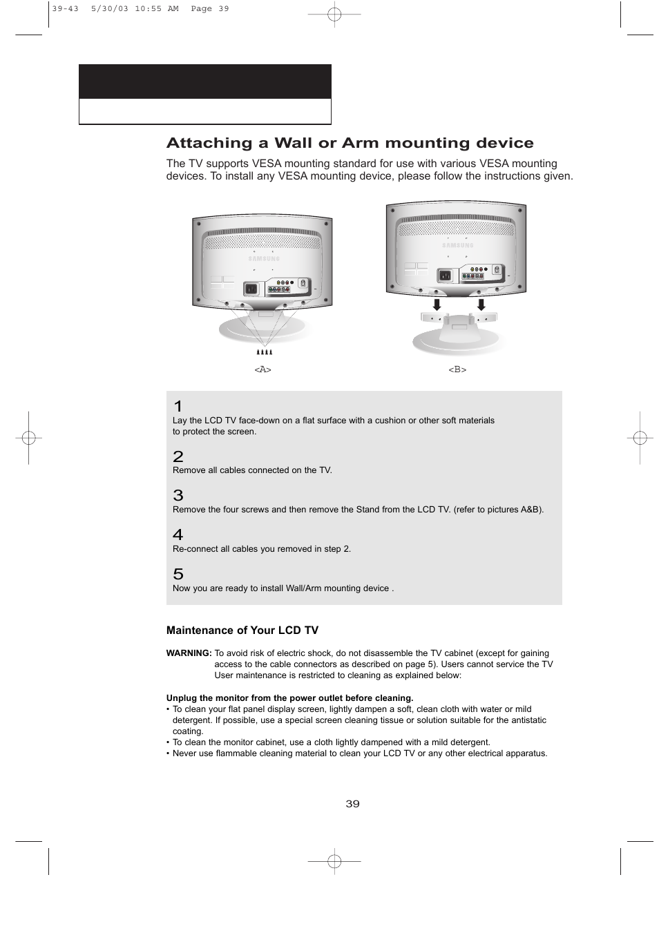 Attaching a wall or arm mounting device | Samsung LTN1535X-XAC User Manual | Page 45 / 49