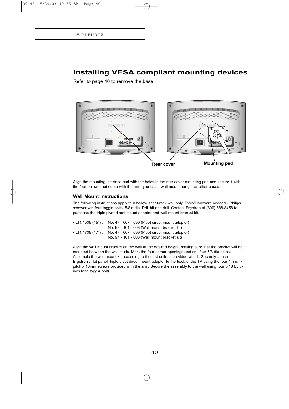 Installing vesa compliant mounting devices | Samsung LTN1535X-XAC User Manual | Page 46 / 49