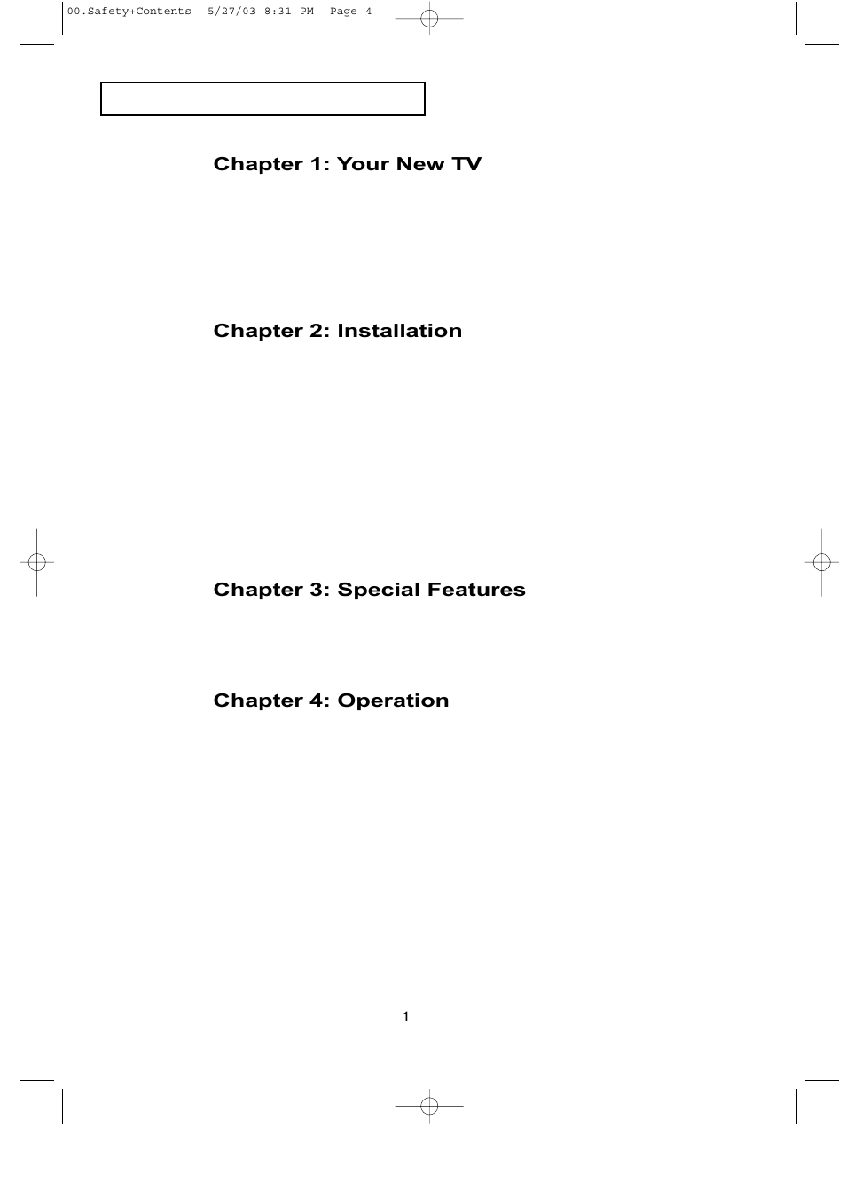 Chapter 1: your new tv, Chapter 2: installation, Chapter 3: special features | Chapter 4: operation | Samsung LTN1535X-XAC User Manual | Page 5 / 49