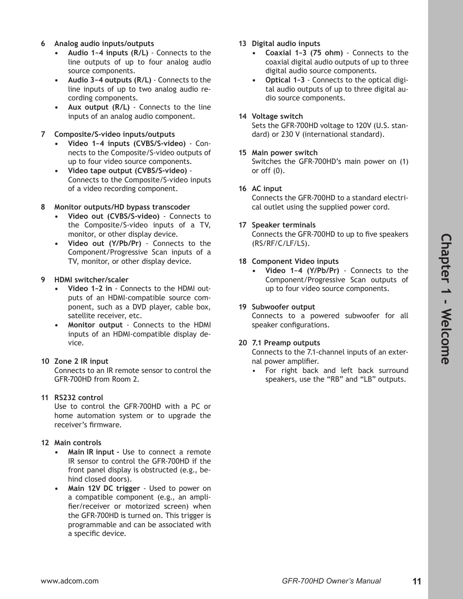 Ch ap te r 1 - w elc om e | Adcom GFR-700HD User Manual | Page 11 / 68