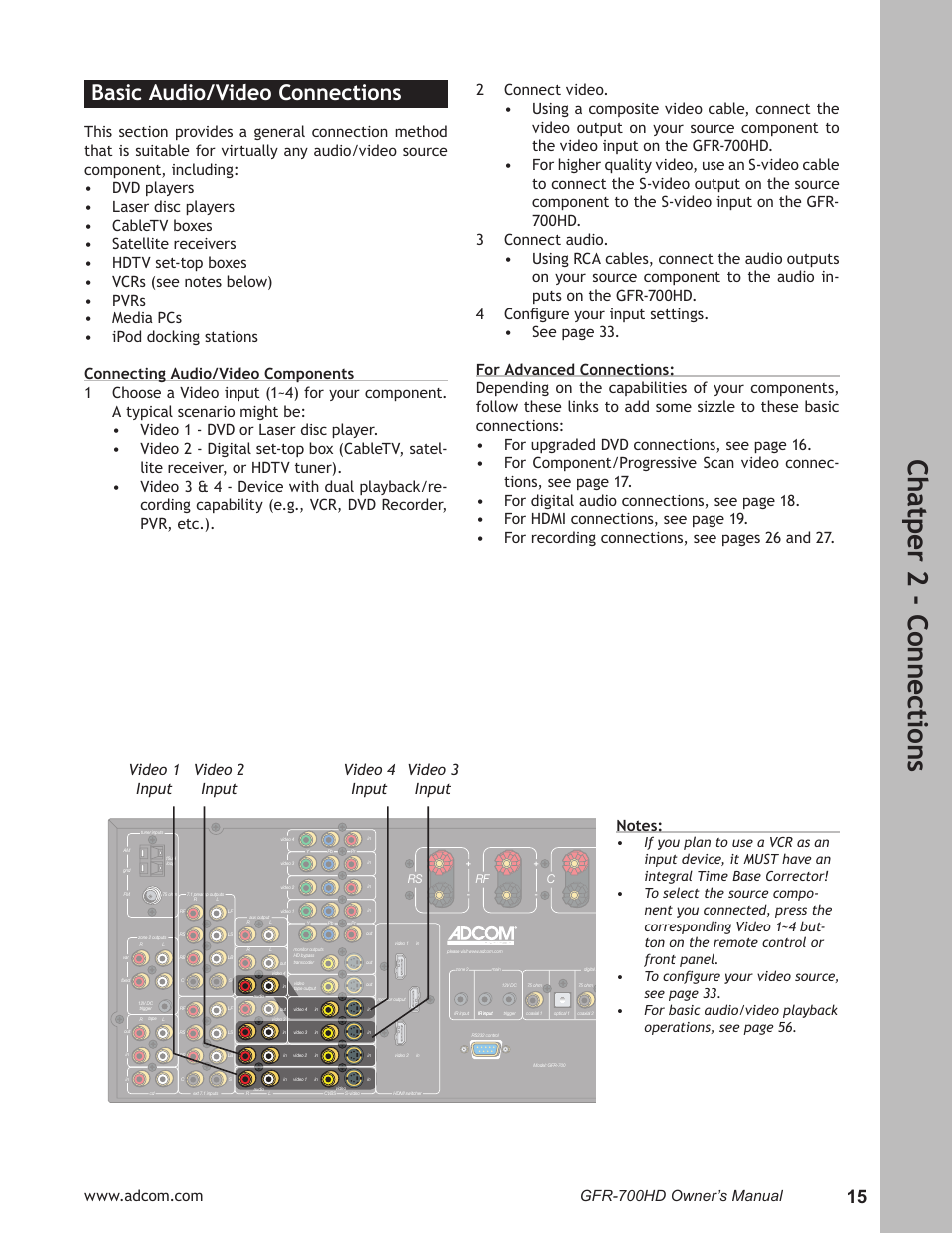 Basic audio/video connections, Basic audio/video connections …………………15, Ch at pe r 2 - c on ne ct io ns | Adcom GFR-700HD User Manual | Page 15 / 68