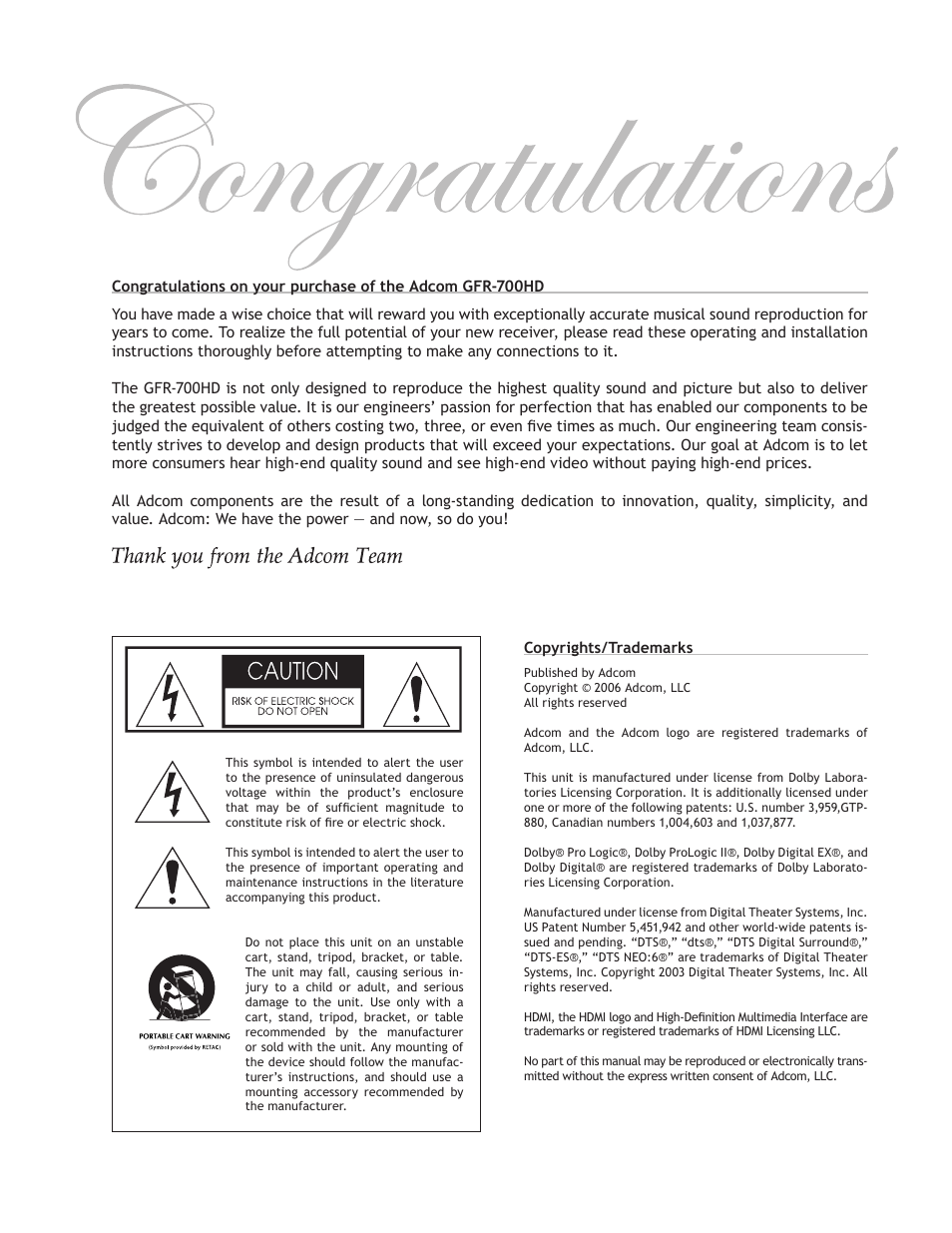 Adcom GFR-700HD User Manual | Page 2 / 68