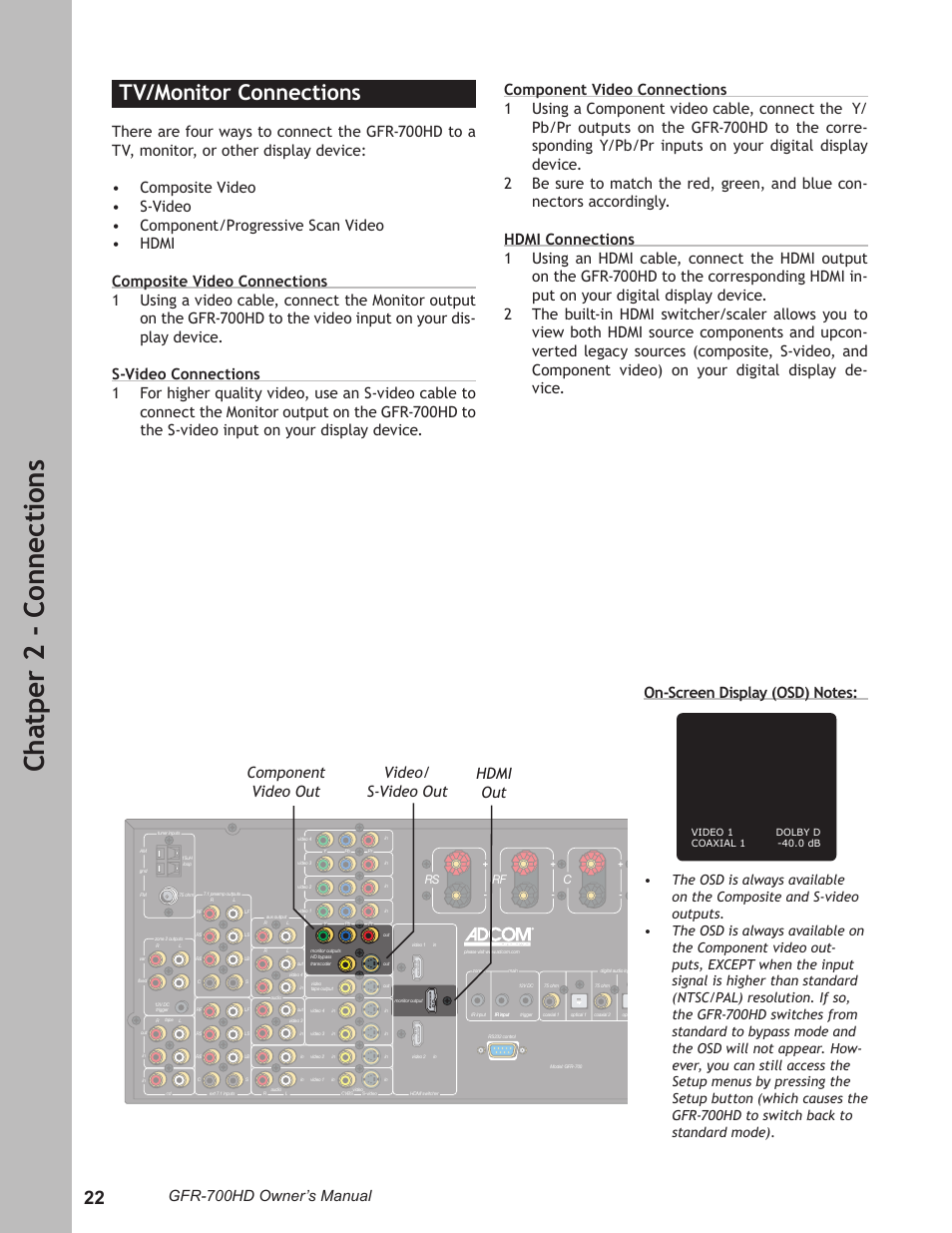 Tv/monitor connections, Tv/monitor connections …………………………… 22, Ch at pe r 2 - c on ne ct io ns | Gfr-700hd owner’s manual, Component video out video/ s-video out hdmi out | Adcom GFR-700HD User Manual | Page 22 / 68