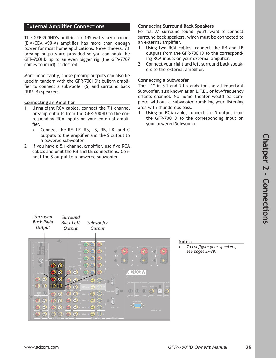 External amplifier connections, External ampliﬁer connections ……………… 25, Ch at pe r 2 - c on ne ct io ns | External ampliﬁer connections | Adcom GFR-700HD User Manual | Page 25 / 68