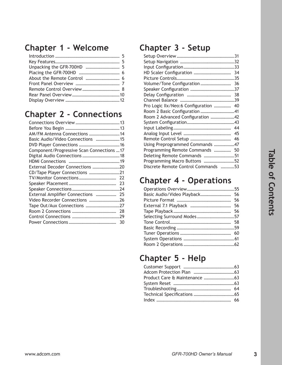 Chapter 2 - connections, Chapter 3 - setup, Chapter 4 - operations | Chapter 5 - help | Adcom GFR-700HD User Manual | Page 3 / 68