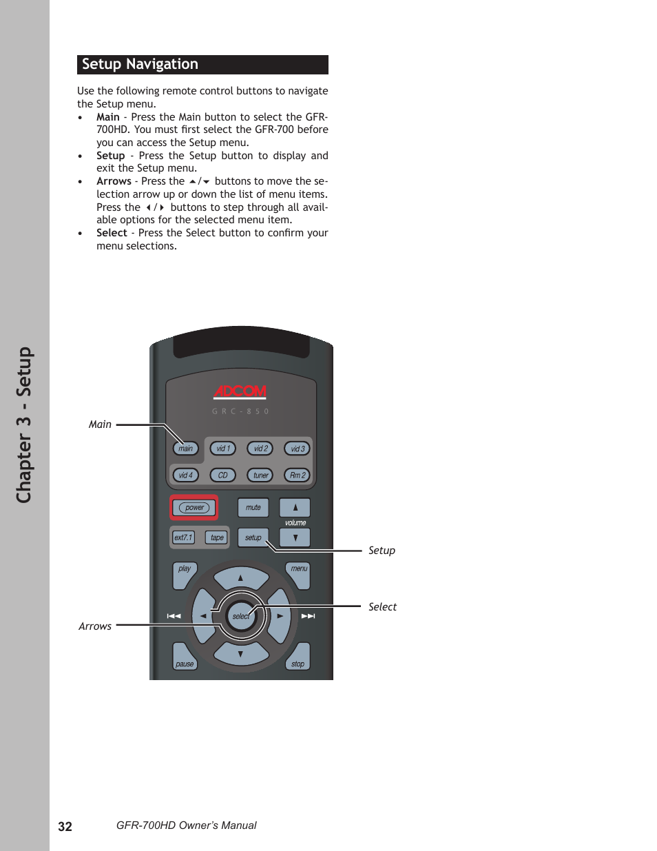 Setup navigation, Setup navigation …………………………………………32, Ch ap te r 3 - s et up | Adcom GFR-700HD User Manual | Page 32 / 68