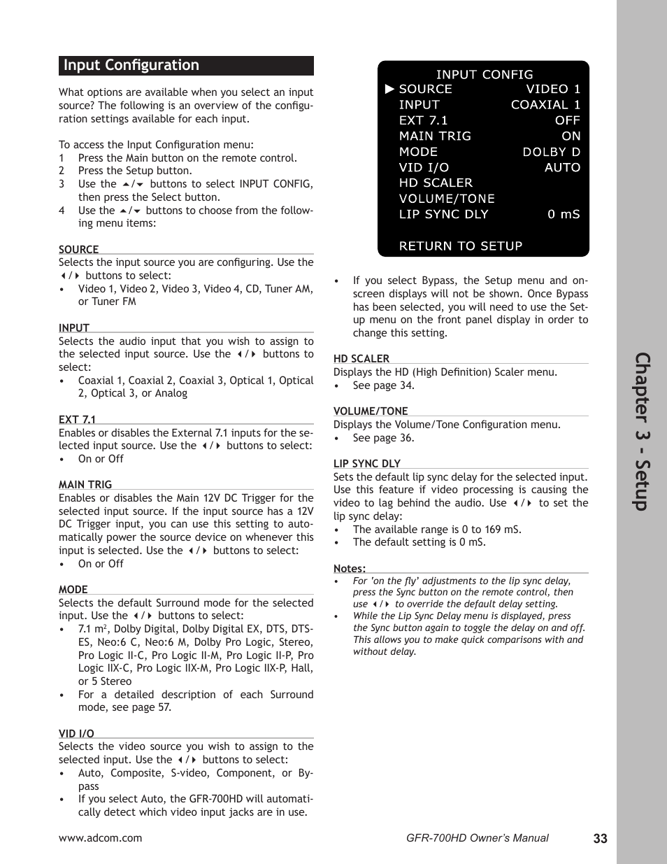 Input configuration, Input conﬁguration ………………………………………33, Ch ap te r 3 - s et up | Input conﬁguration | Adcom GFR-700HD User Manual | Page 33 / 68