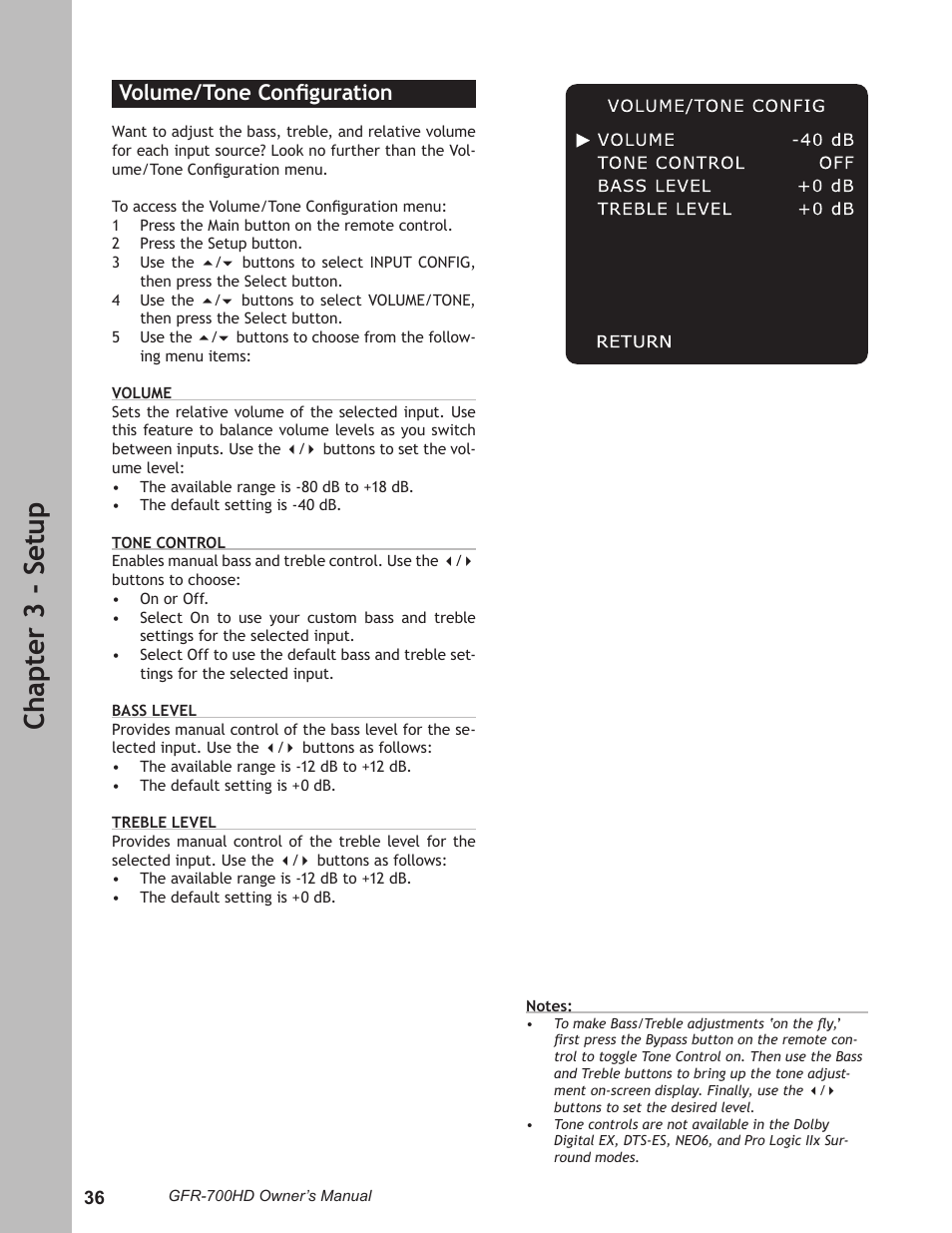 Volume/tone configuration, Volume/tone conﬁguration ……………………… 36, Ch ap te r 3 - s et up | Volume/tone conﬁguration | Adcom GFR-700HD User Manual | Page 36 / 68