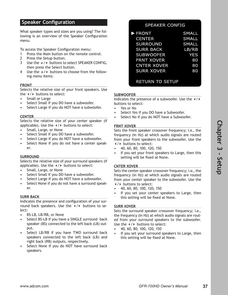 Speaker configuration, Speaker conﬁguration …………………………………37, Ch ap te r 3 - s et up | Speaker conﬁguration | Adcom GFR-700HD User Manual | Page 37 / 68