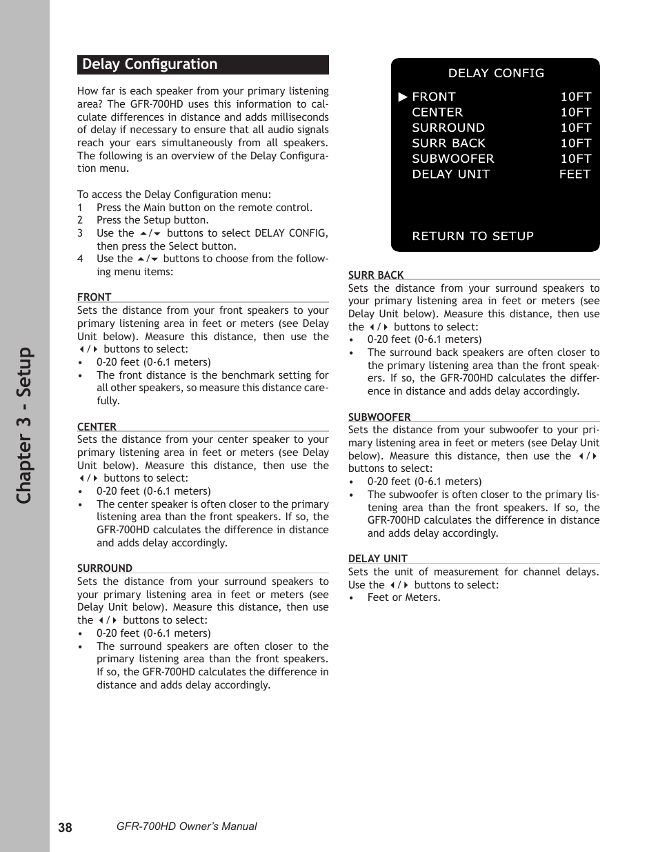 Delay configuration, Delay conﬁguration ………………………………… 38, Ch ap te r 3 - s et up | Delay conﬁguration | Adcom GFR-700HD User Manual | Page 38 / 68