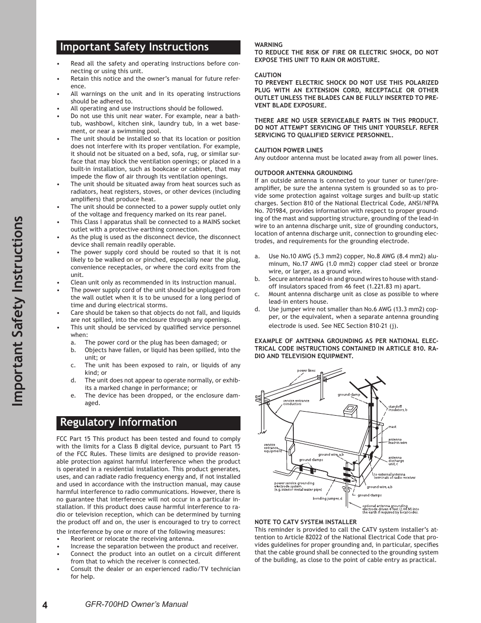 Im po rt an t s af et y i ns tr uc ti on s, Important safety instructions, Regulatory information | Adcom GFR-700HD User Manual | Page 4 / 68